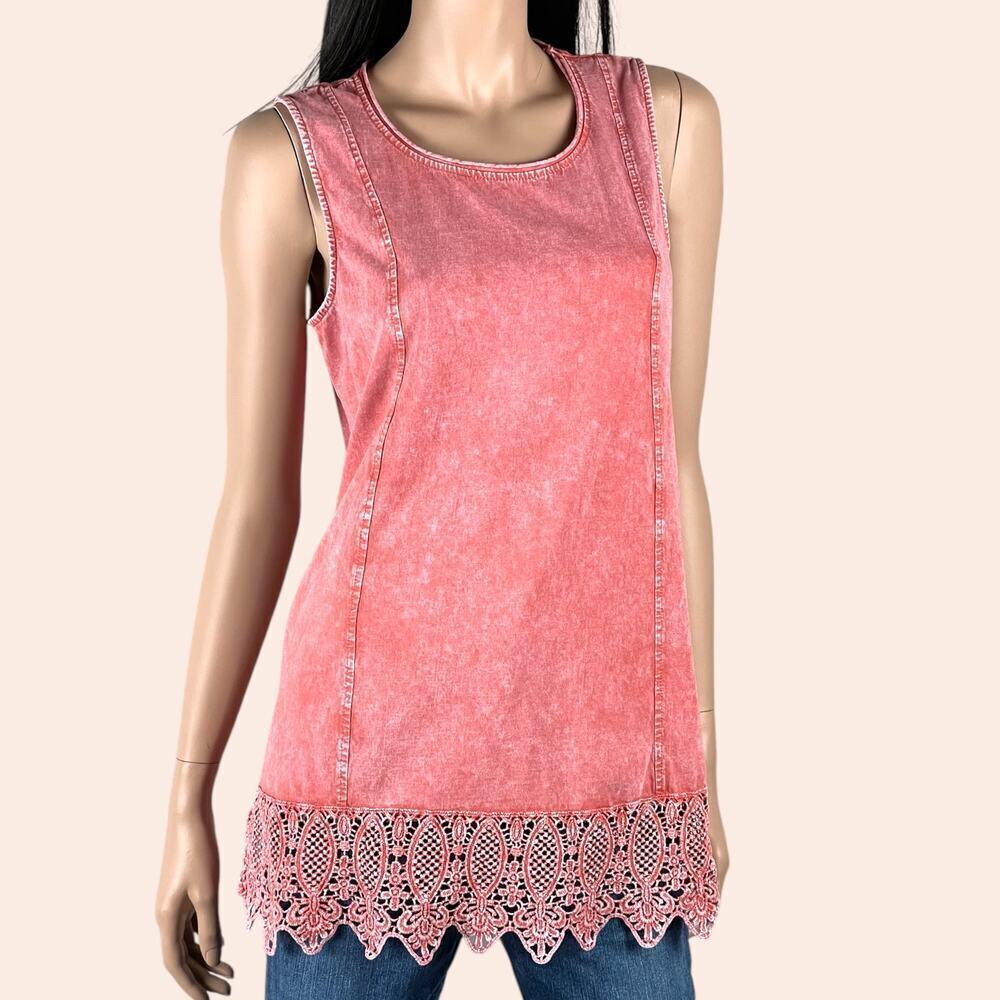 Coldwater Creek Watermelon Pink Swing Tunic Size Medium Washed Hues Lacy border - Picture 2 of 9